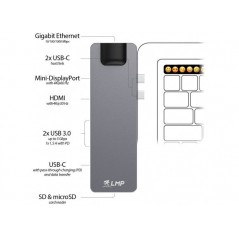 LMP USB-C Compact Dock 4K 8 Port, HDMI, Mini-DP, Eth., 2x USB 3.0, SD/microSD, USB-C, Alu., Argent
